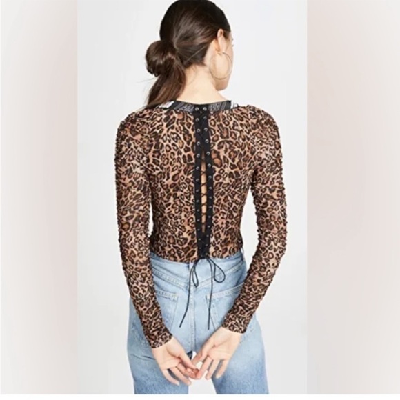 I.AM.GIA Long Sleeve Chelsea Leopard Corset Top XS Lace Up Back Ruched Sleeves - Picture 3 of 11